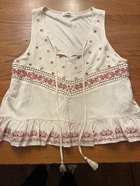 In Bloom Cream Sleeveless Tie-Front Tank with Rose Embroidery